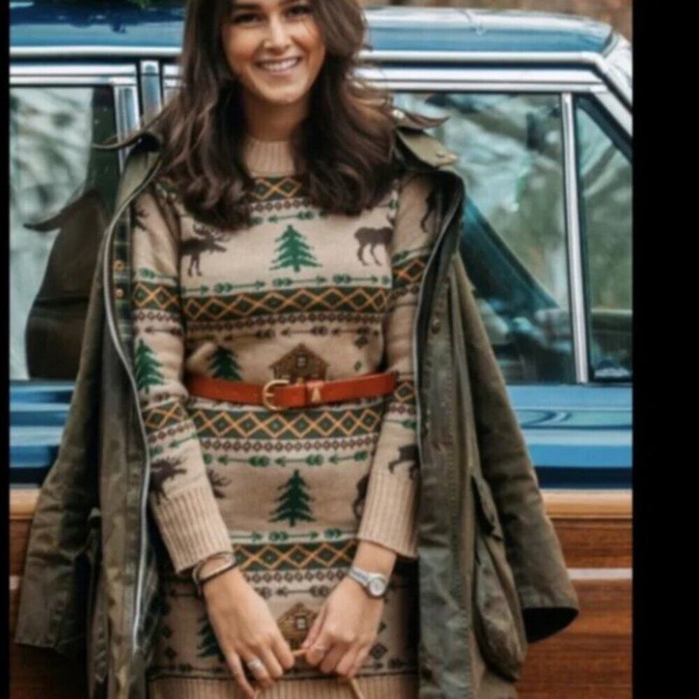Kiel James Patrick Cozy Cabin Sweater Dress Moose Tree Winter Fireside Wool KJP